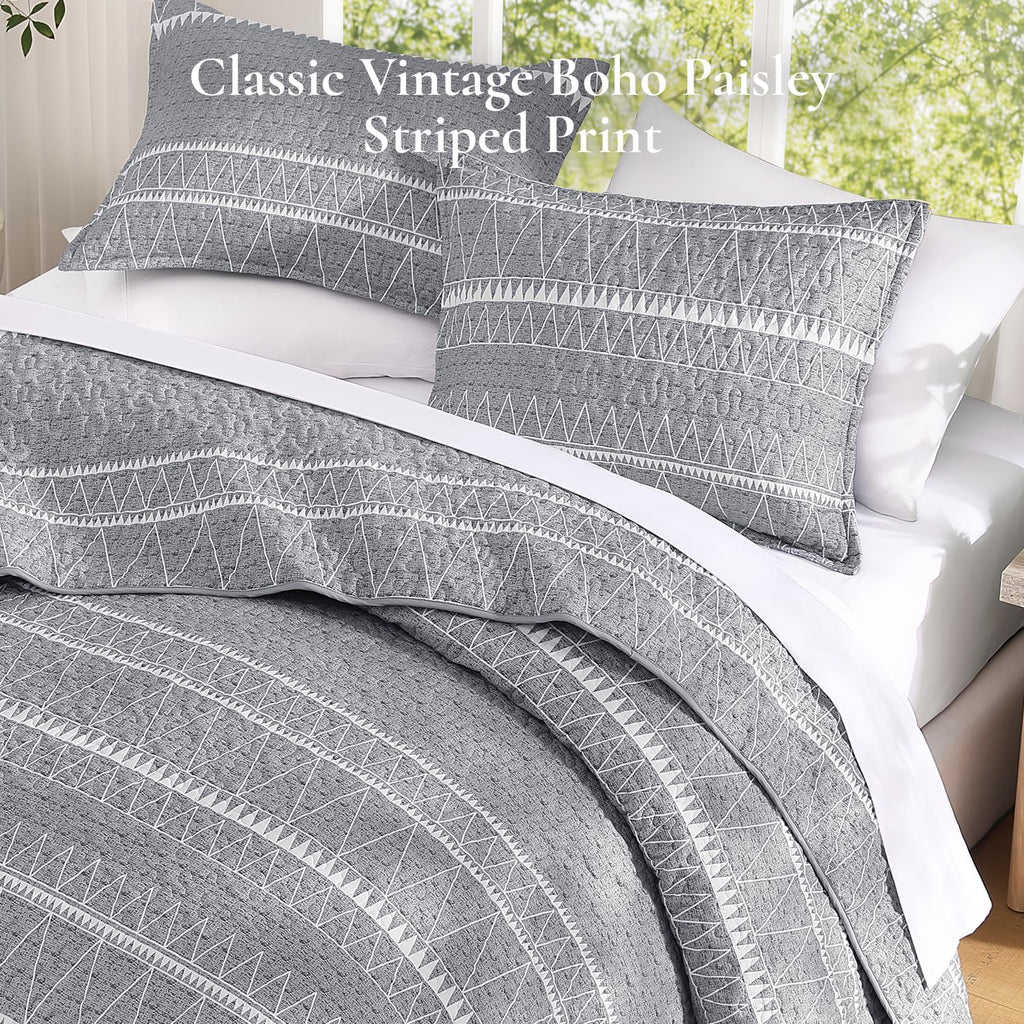 King Quilt Set Grey, 3 Pieces Boho Striped Bedspread - Set of 3