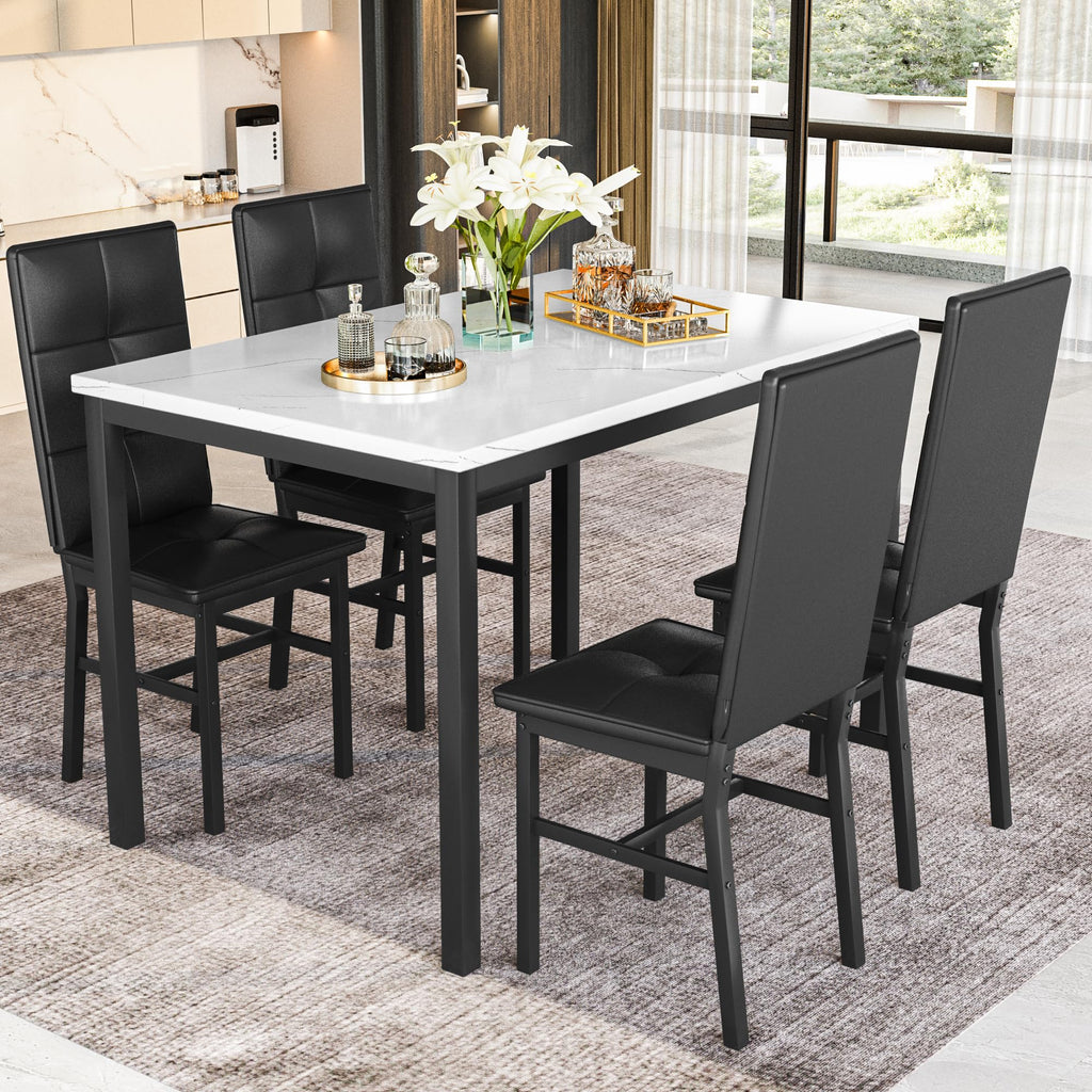 Dining Table Set for 4, Faux Marble Small Kitchen Table with 4 PU Leather Chairs, Modern 5 Piece Dinner Table Set