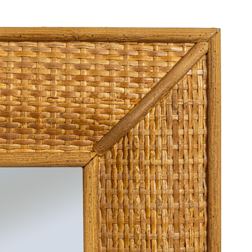 Rectangle Wood Framed Wall Mirror with Rattan Detail, Brown