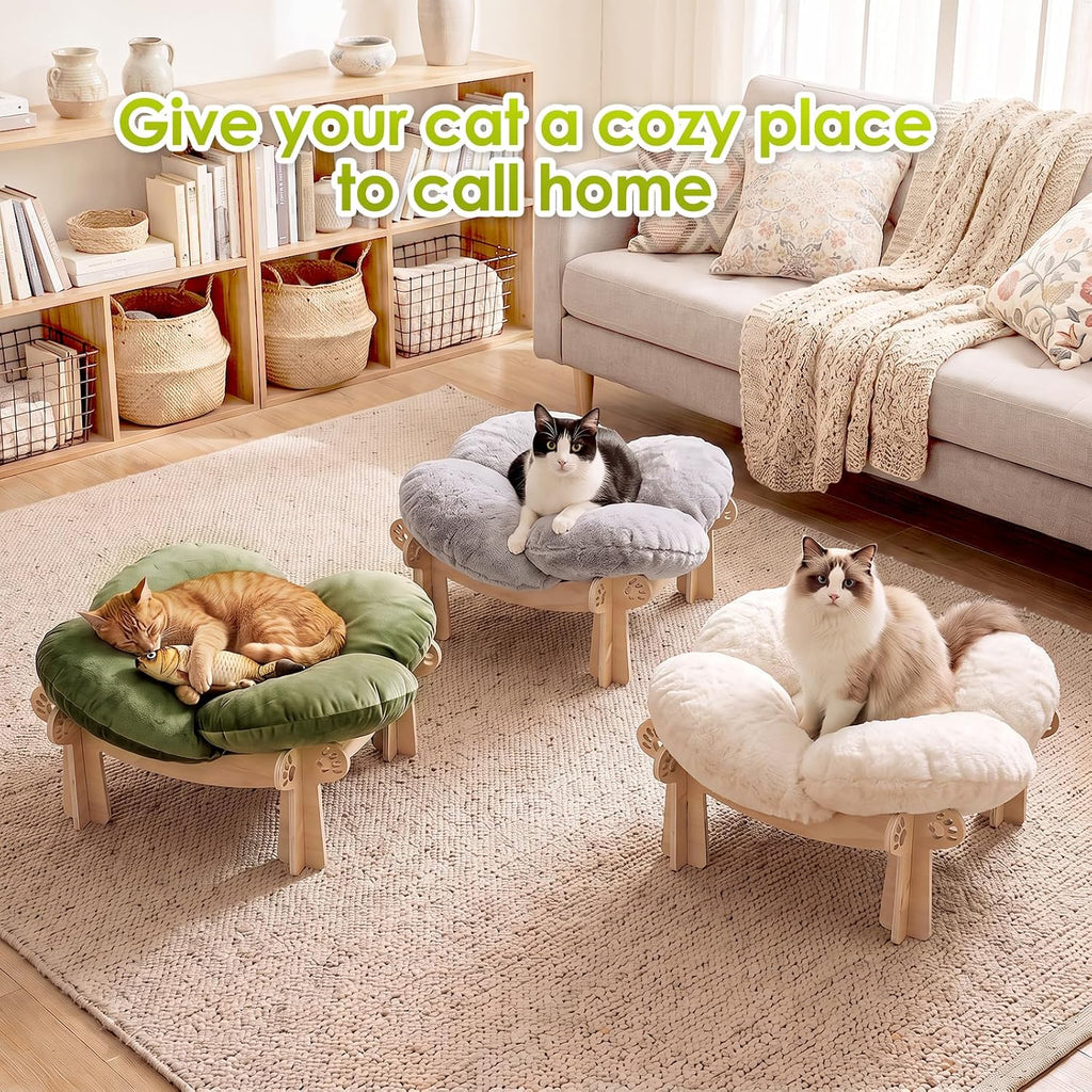 Cat Beds for Indoor Cats, Elevated Wooden Cat Bed Soft Removable Cushion