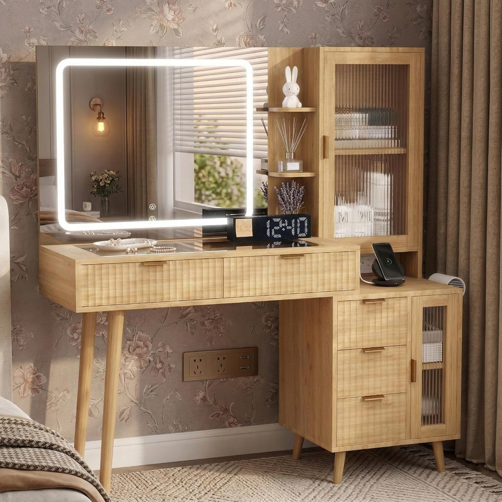 49" Wooden Vanity Desk with Mirror and Lights, Fluted Boho Makeup Vanity Table with Modern Glass Top, Charging