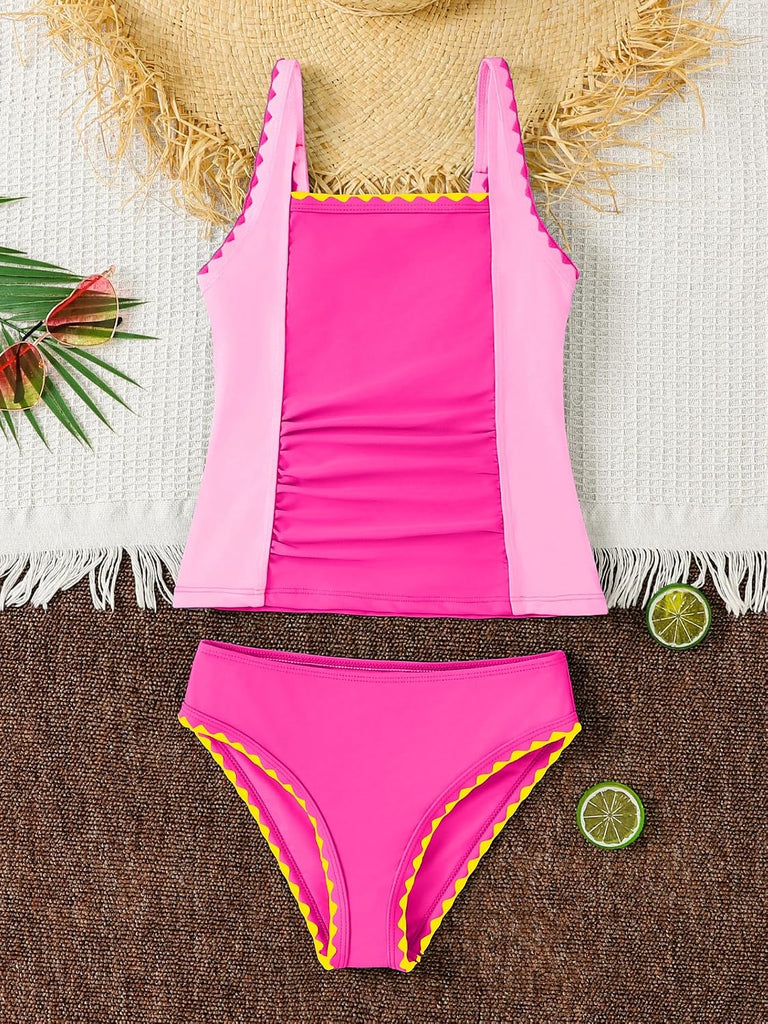 Girls Summer Swimsuit Color Block Padded Adjustable Strap Tankini Ruched Swimwear Set Two Piece Beach Bathing Suit