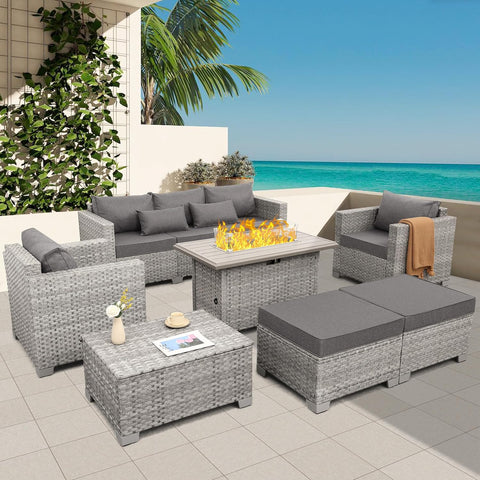 WAROOM Patio Furniture Set 6 Piece PE Rattan Outdoor Conversation Sets Grey Wicker Couch Sectional Sofa with Fire Pit