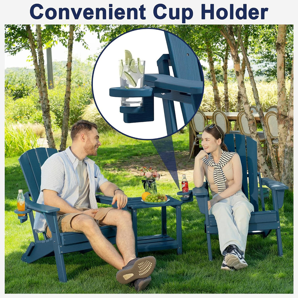 HDPE Folding Adirondack Chair Set of 2 with Cup Holder, Navy | SGS Tested, Wooden Textured, Heavy All-Weather HDPE