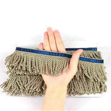 2.5" Wide Bullion Fringe Trim with Blue Ribbon,Dark Beige - 5Yard