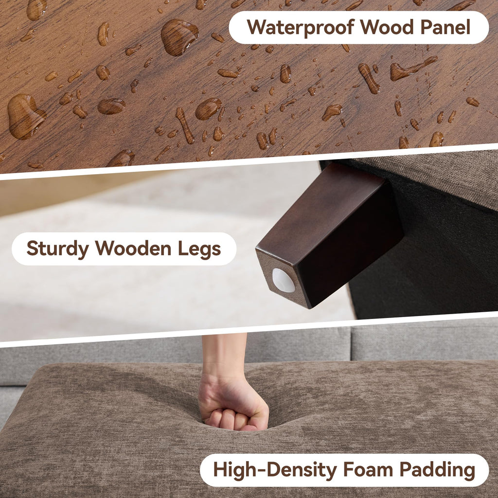 45 Inch Large Storage Ottoman Bench with Wooden Tray Coffee Table, Brown Chenille Upholstered Foot Rest