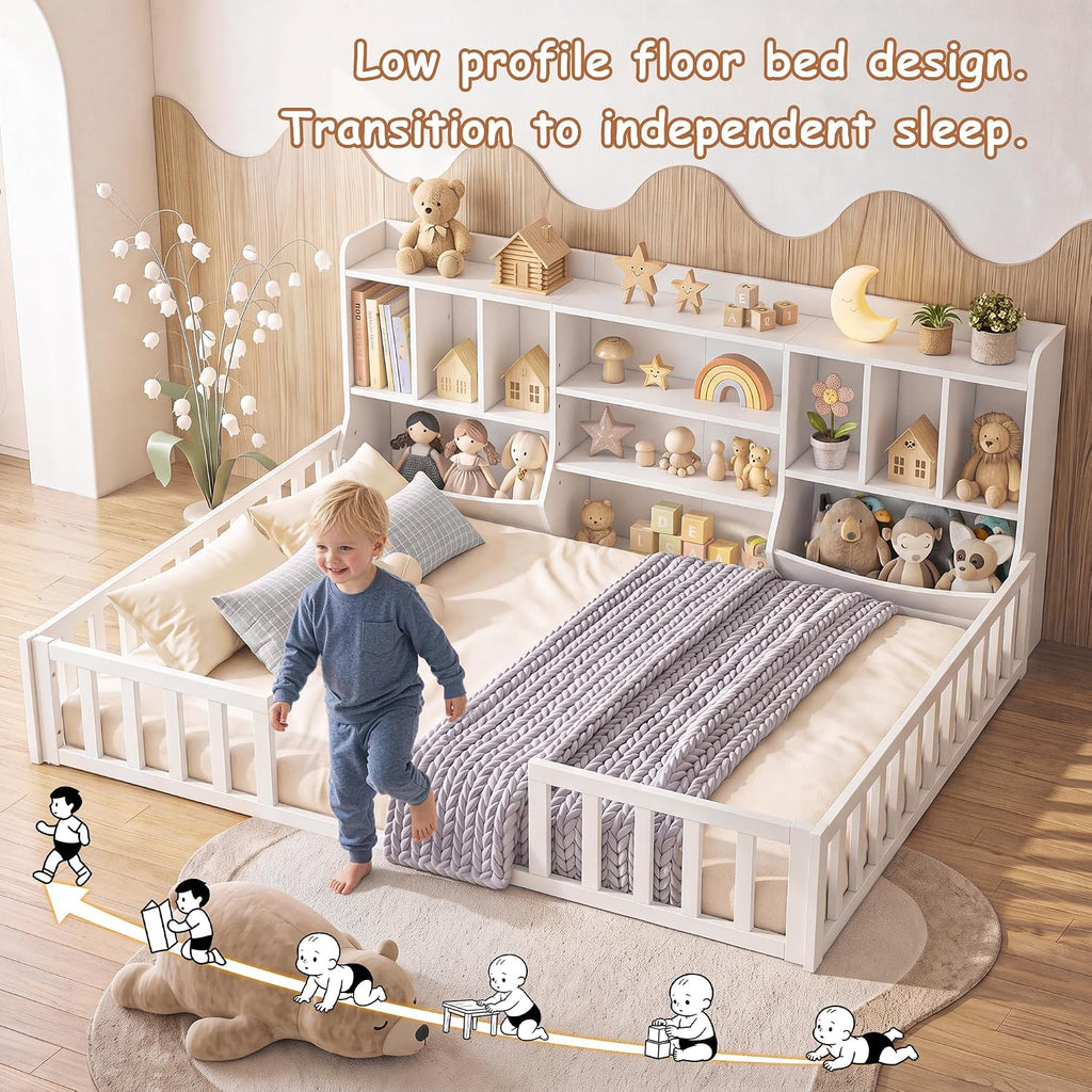 Floor Bed for Kids, Wooden Montessori Bed Frame with Bookcase, Storage Shelves & Safety Fence Rails, Floor Beds