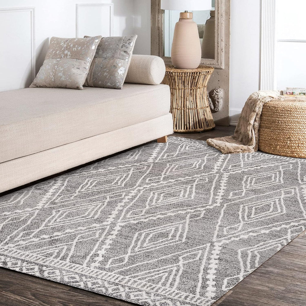 Rih Moroccan Style Diamond Gray/Ivory Indoor Area Rug, Bohemian, Casual, Easy-Cleaning, Pet Friendly