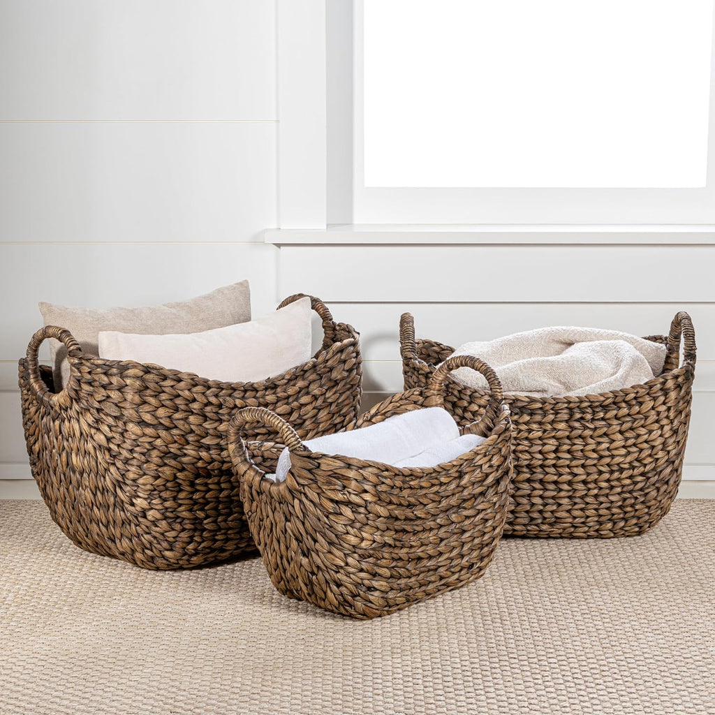Nellie 3-Piece Hyacinth Boat Wicker Storage Baskets 17", Brown | Farmhouse Classic Handwoven Nesting Design