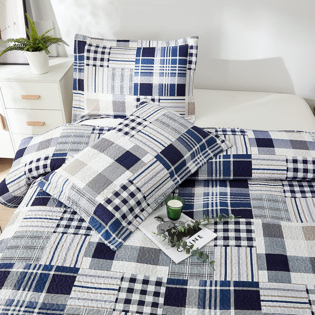 3 Pcs Patchwork Bedding Plaid Quilts Set Navy Blue Buffalo Bedspreads Summer Lightweight Coverlet with