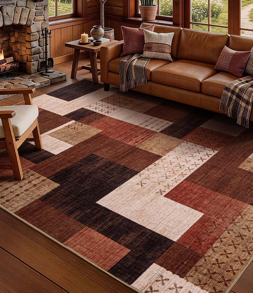 Modern Washable Area Rugs, Brown Geometric Patchwork Rug Non Slip, Large Southwestern Tribal Carpet for