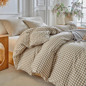 Grid Duvet Cover Set - Tan Gingham Washed Microfiber Comforter Cover Set, 3 Pieces Plaid Checkered Soft