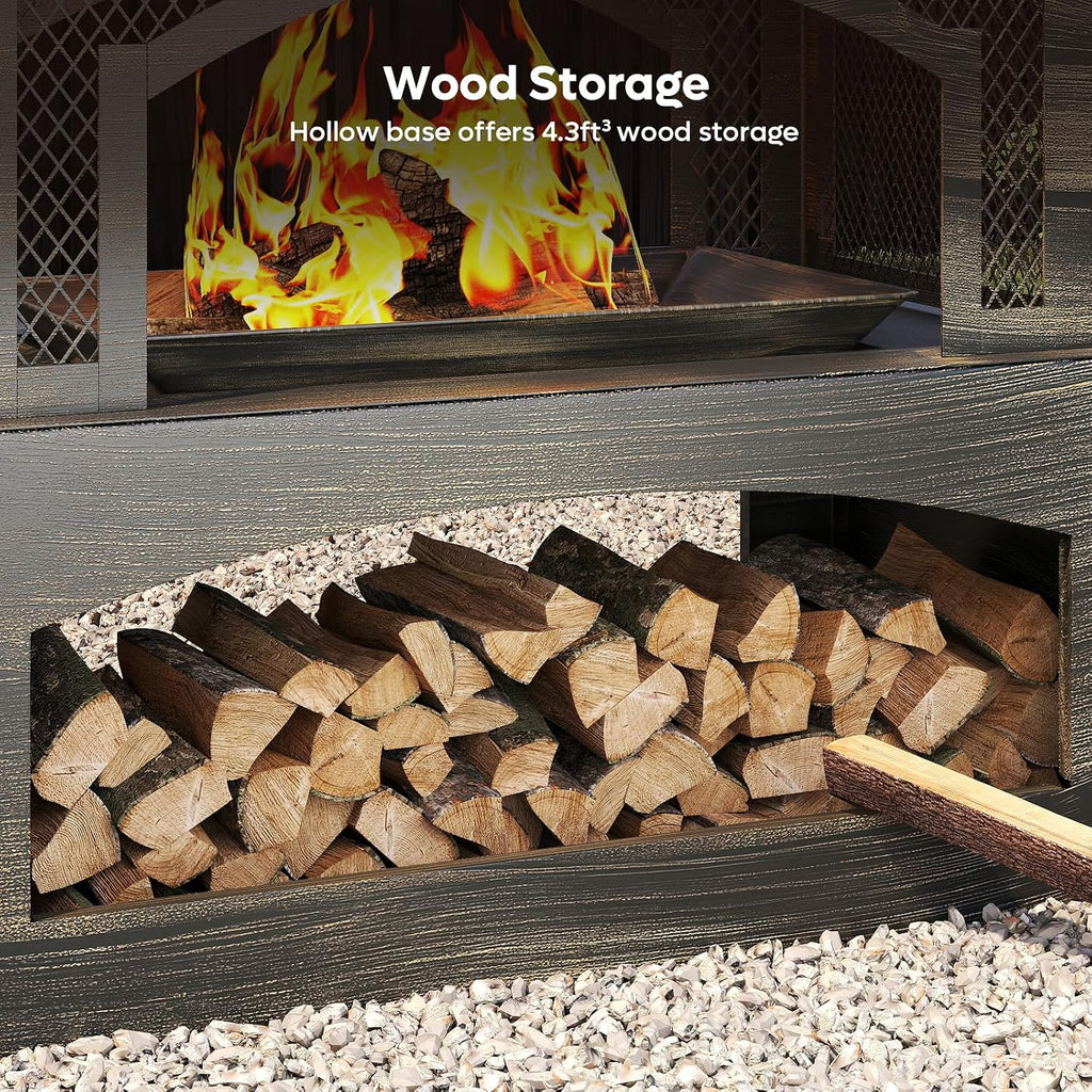 37" Fire Pits, Wood Burning Fireplace for Outside Rectangular Chiminea Outdoor Firepits with Poker, Wood Storage