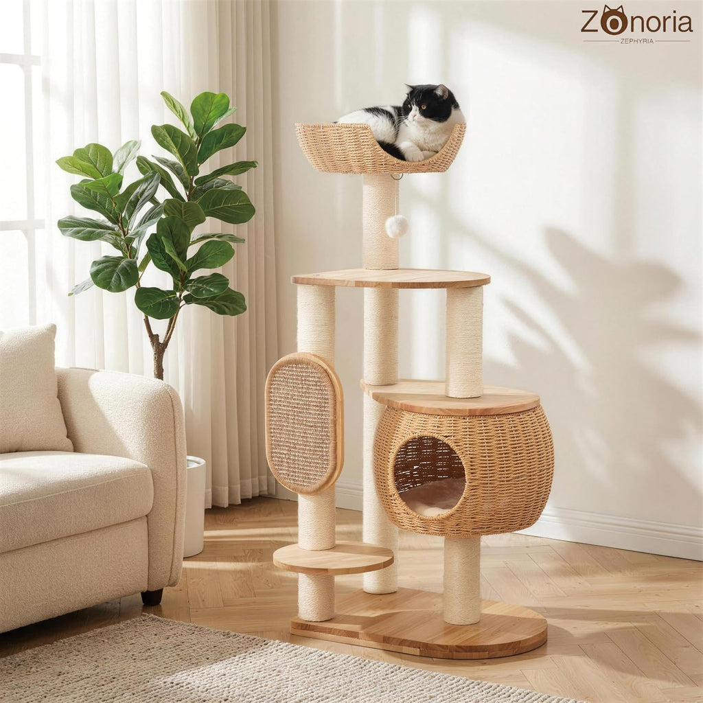 Modern Cat Tree, Cat Tower with Scratching Post, Handwoven Pumpkin Nests and Baskets, Sisal Blanket