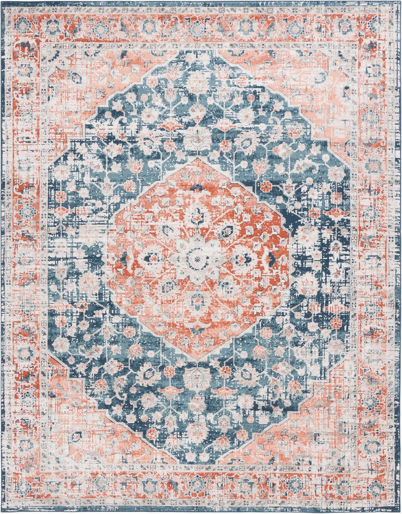 Madison Collection Area Rug, Navy & Rust, Oriental Distressed Medallion Design, Non-Shedding & Easy Care