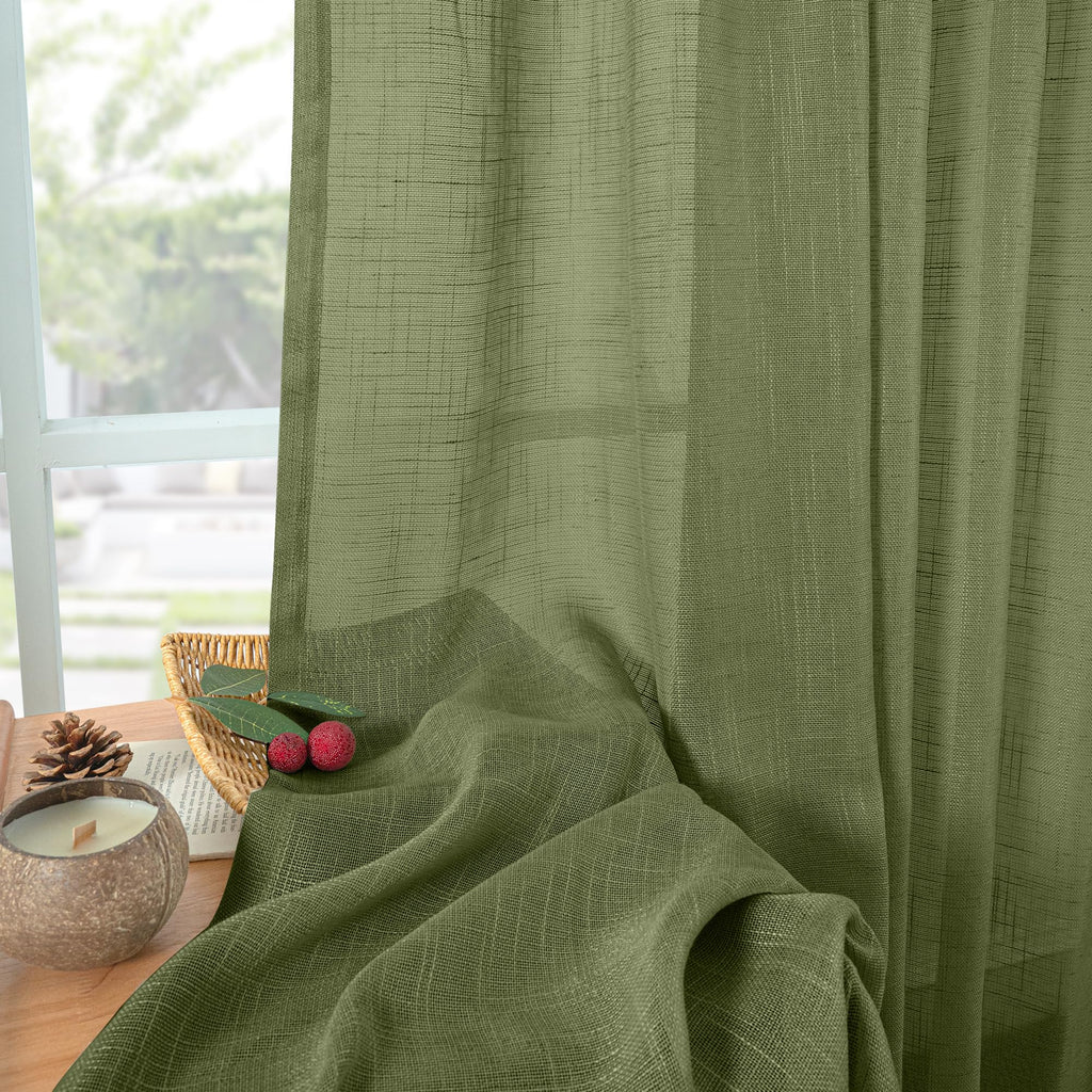 Olive Green Linen Kitchen Window Curtains 36 Inch Length - Small Semi Sheer Drapes with Back Tab Rod Pocket