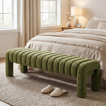 63'' Bedroom Bench, Upholstered End of Bed Bench with Solid Wood Legs, Modern Cushioned Dining Bench with Full
