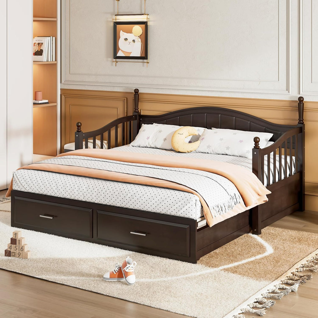 Modern Wood Daybed with Pop Up Trundle Twin to King Extendable Sofa Bed Frame for Kids Teens Adults/No Box Spring