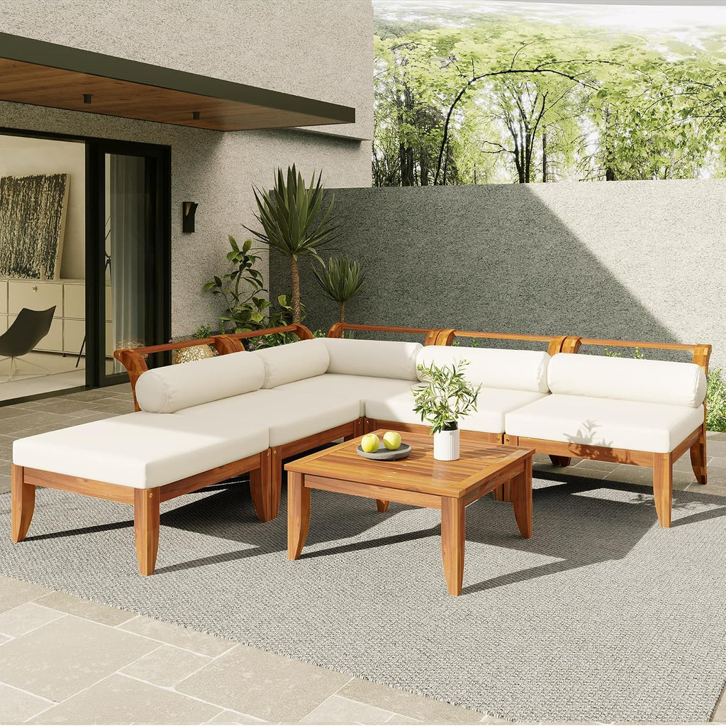 6 Piece Patio Sofa Set, Acacia Wood Outdoor Modular Sectional Garden Furniture Set, L-Shaped Conversation Set with