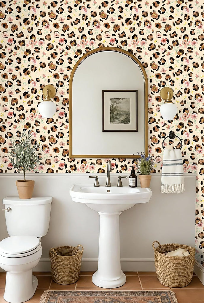 Floral Cheetah Print Peel and Stick Wallpaper Boho 17.3in x 32.8ft | Renter Friendly Self Adhesive Removable Chic