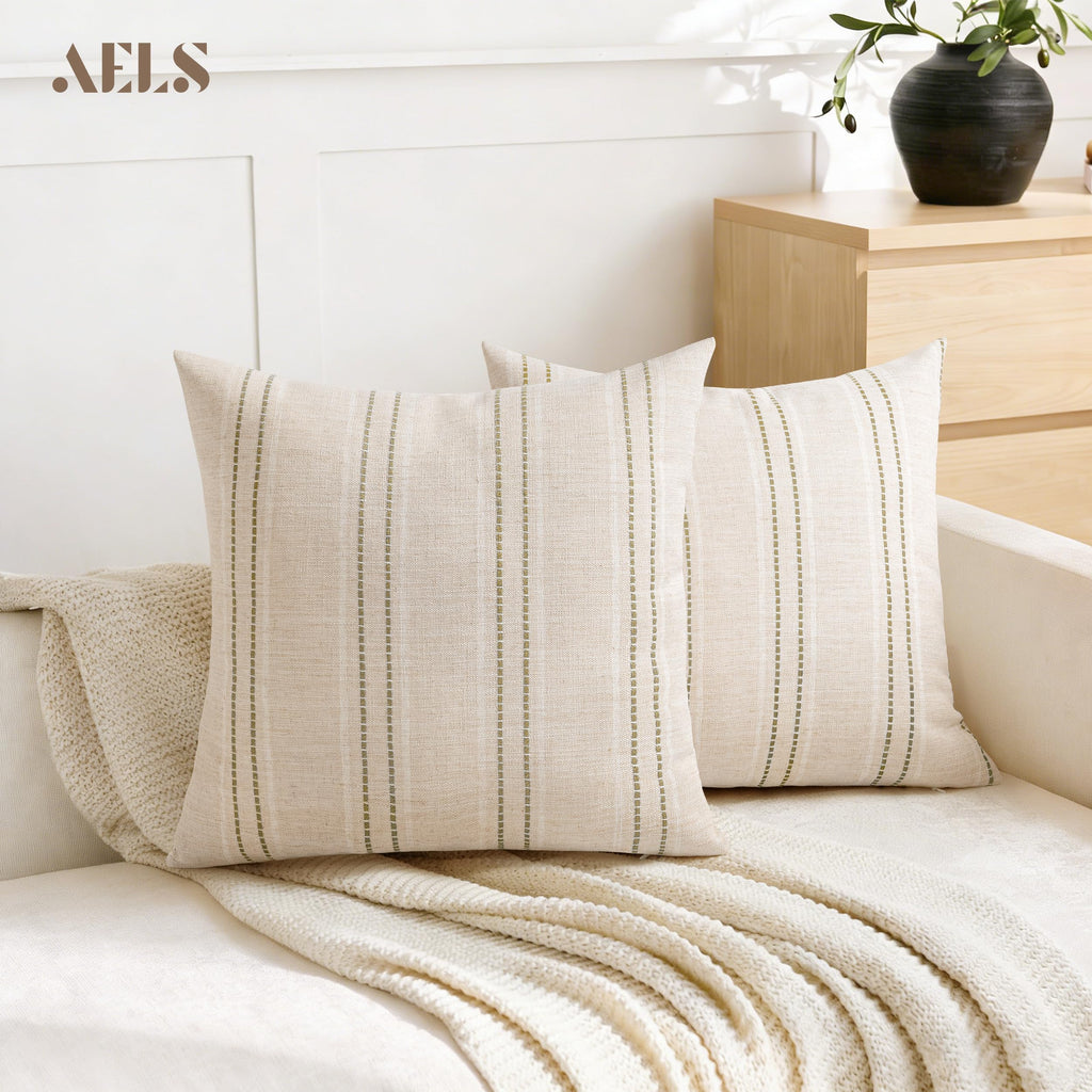 18x18 Decorative Farmhouse Linen Blend Throw Pillow Covers, Boho Textured Pillow Case, Set of 2, Beige with White &