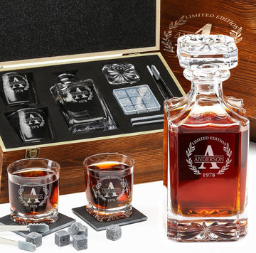 Personalized Old Fashioned Whiskey Decanter and Stones Set - Set of 18