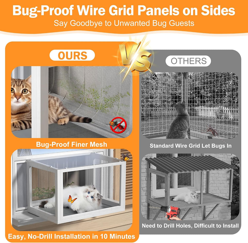 Cat Window Box Catio, Outdoor Indoor Cat Enclosure with Clear Panels, Mesh Sides & PVC Curtain, Universal Window