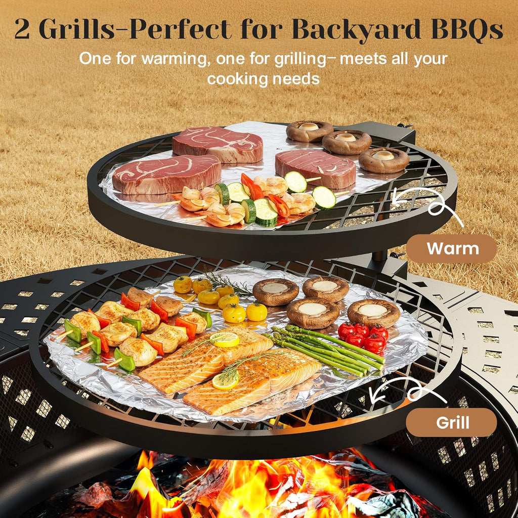 Outdoor Fire Pit, 43" Fire Pit for Outside Wood Burning with Adjustable 2 Grills, Firepit with Lid and Fire Poker, BBQ