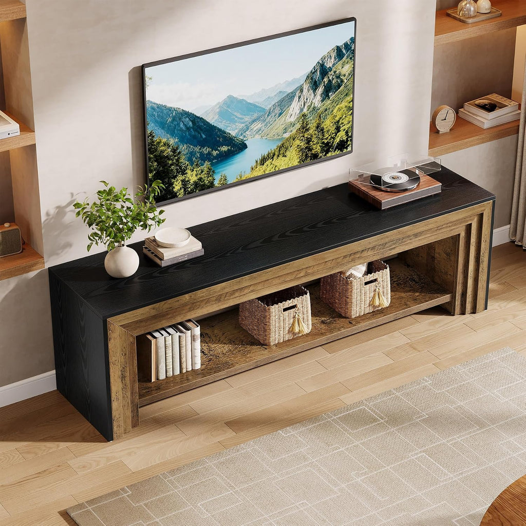 70" Long TV Stand for 75-Inch TV, Farmhouse Entertainment Center | Low Media Console Wooden Television Stand for