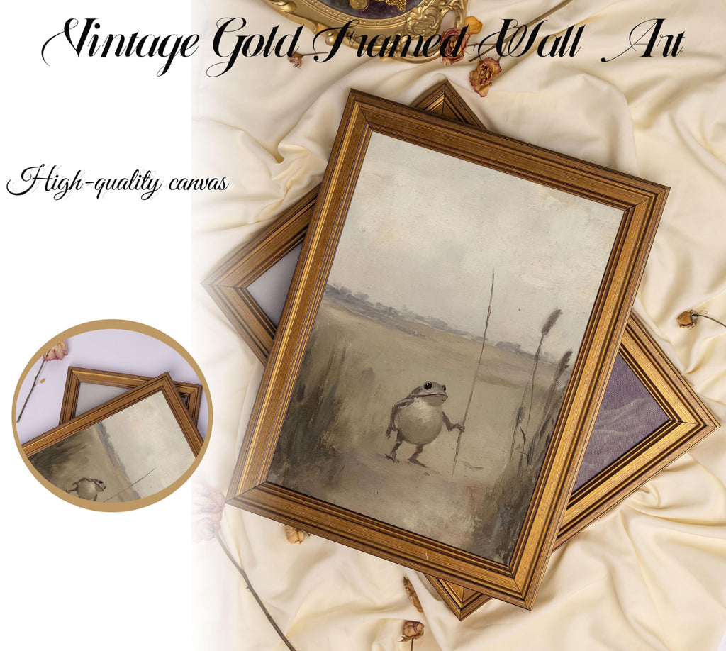 Vintage Gold Framed-Funny Whimsical Frog Traveler Wall Art, Eclectic Frog Canvas Prints, Retro Farmhouse Animal