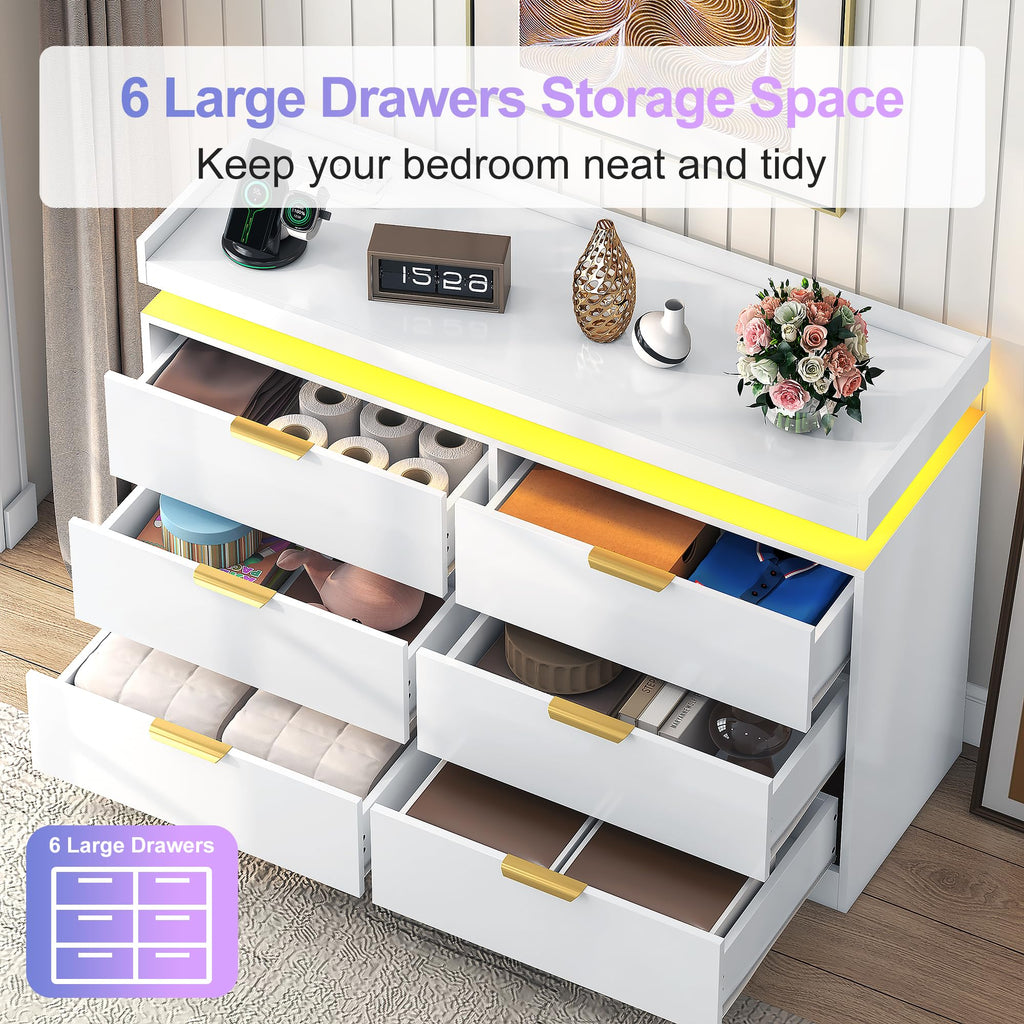 6 Drawer, White with LED Lights and Power Outlet, Wooden Dressers Chests of Drawers, Double Wide Dressers