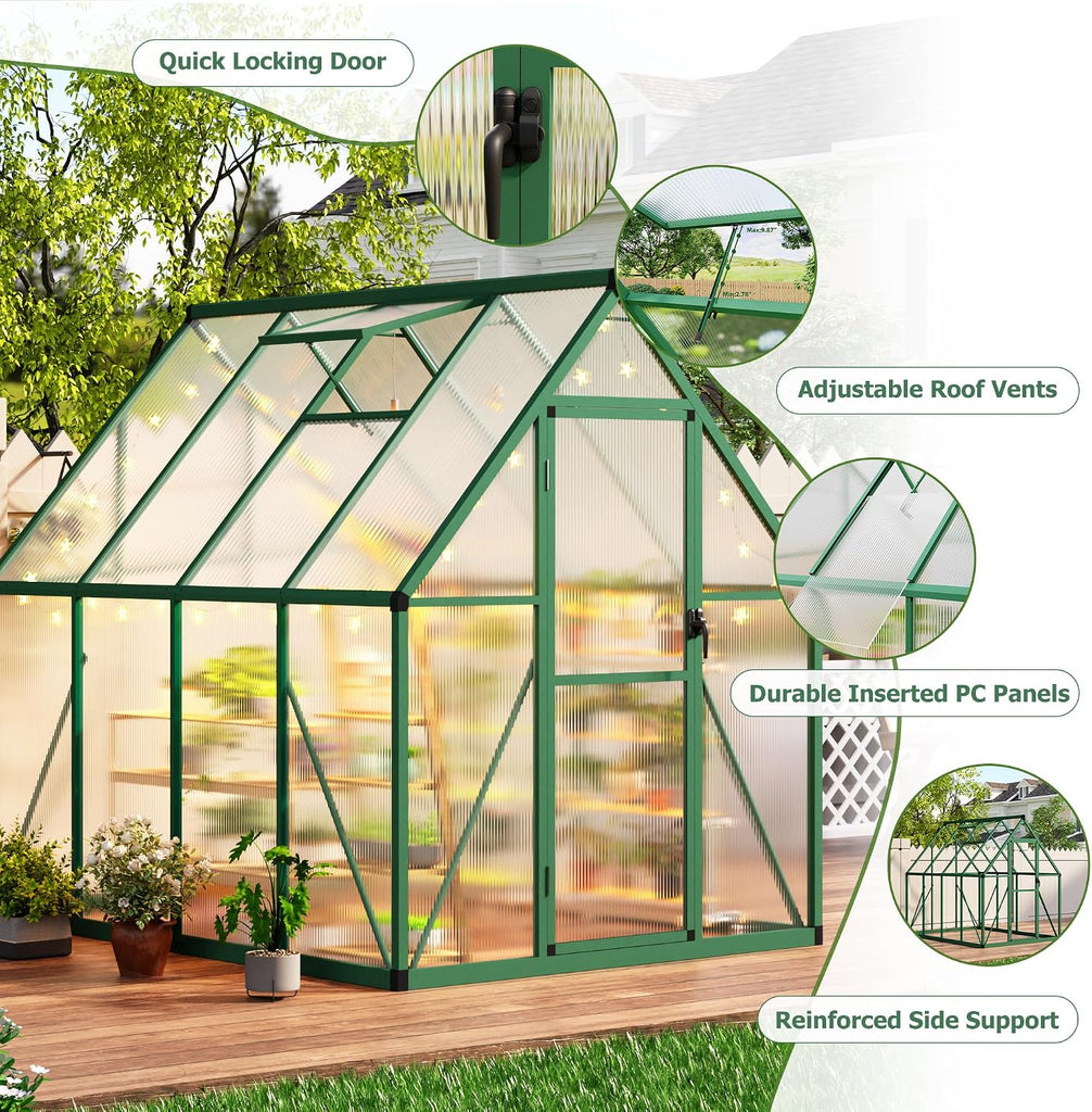 8x12 FT Outdoor Greenhouse, Polycarbonate Greenhouse with Roof Vent and Ground Nails, Aluminum Large Walk-in Green