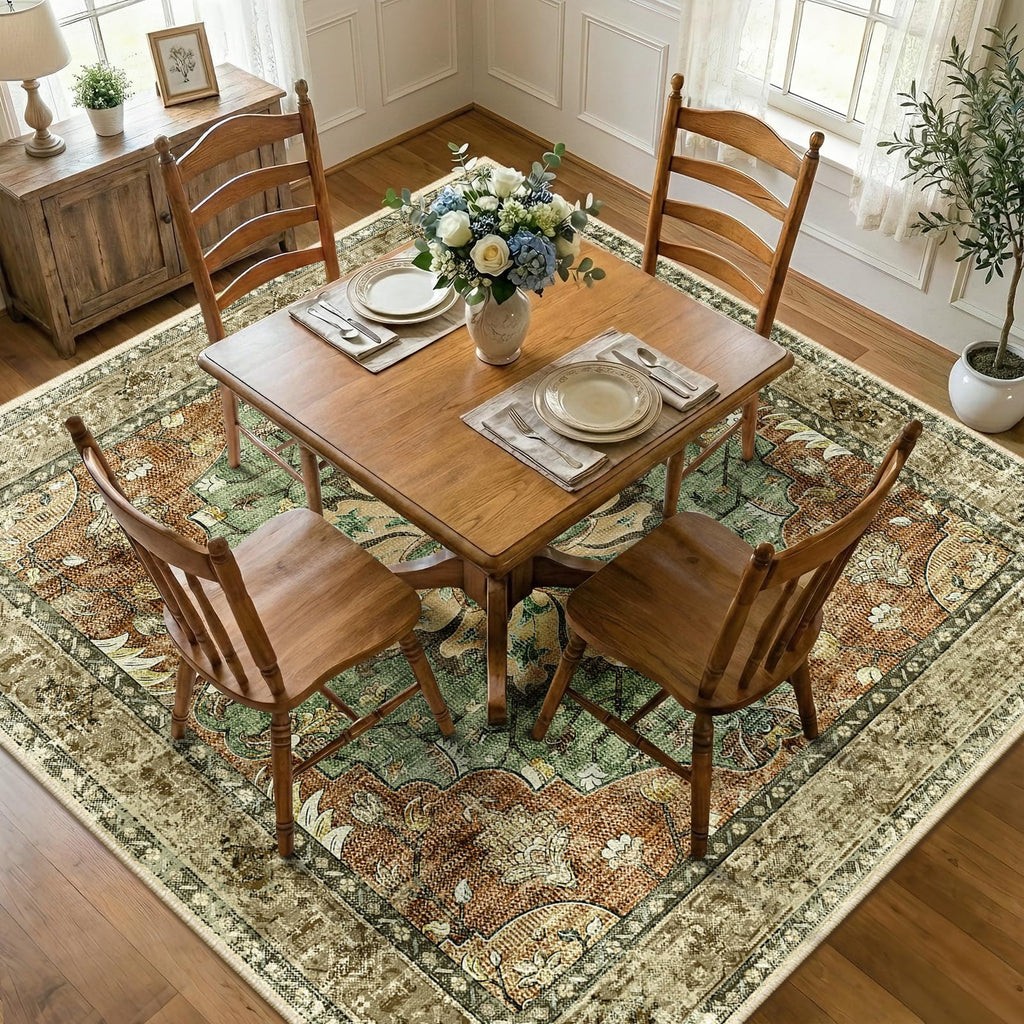 Washable Area Rug, Square 6'x6', Brick/Brown/Green