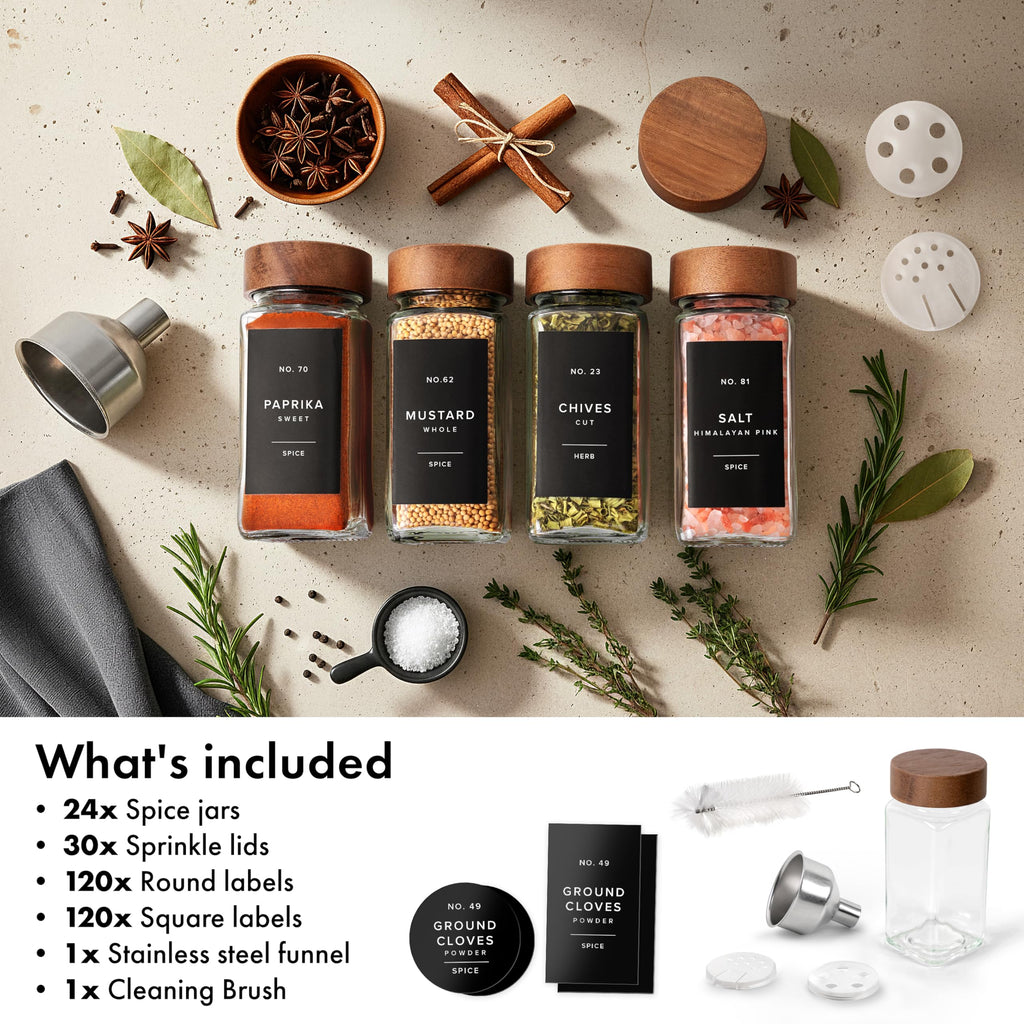 Glass Spice Jars with Label, 24x Acacia Wooden Lids - Black Labels