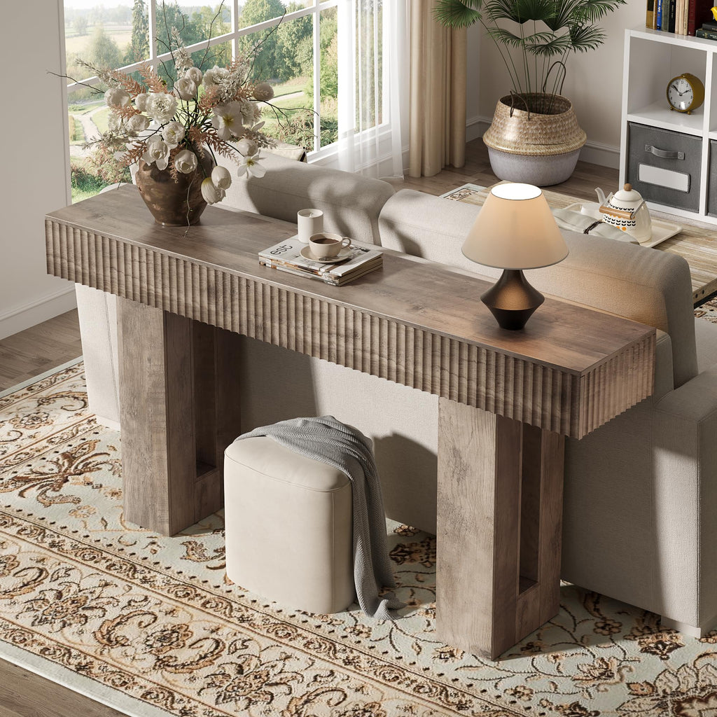 63-Inch Long Entryway Console Table with a Fluted Design, Thick Wood Farmhouse Sofa Table Behind Couch, Narrow