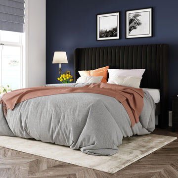 Queen Size Velvet Bed Frame/Vertical Channel Tufted Wingback Headboard/Upholstered Platform Bed/Strong Wooden