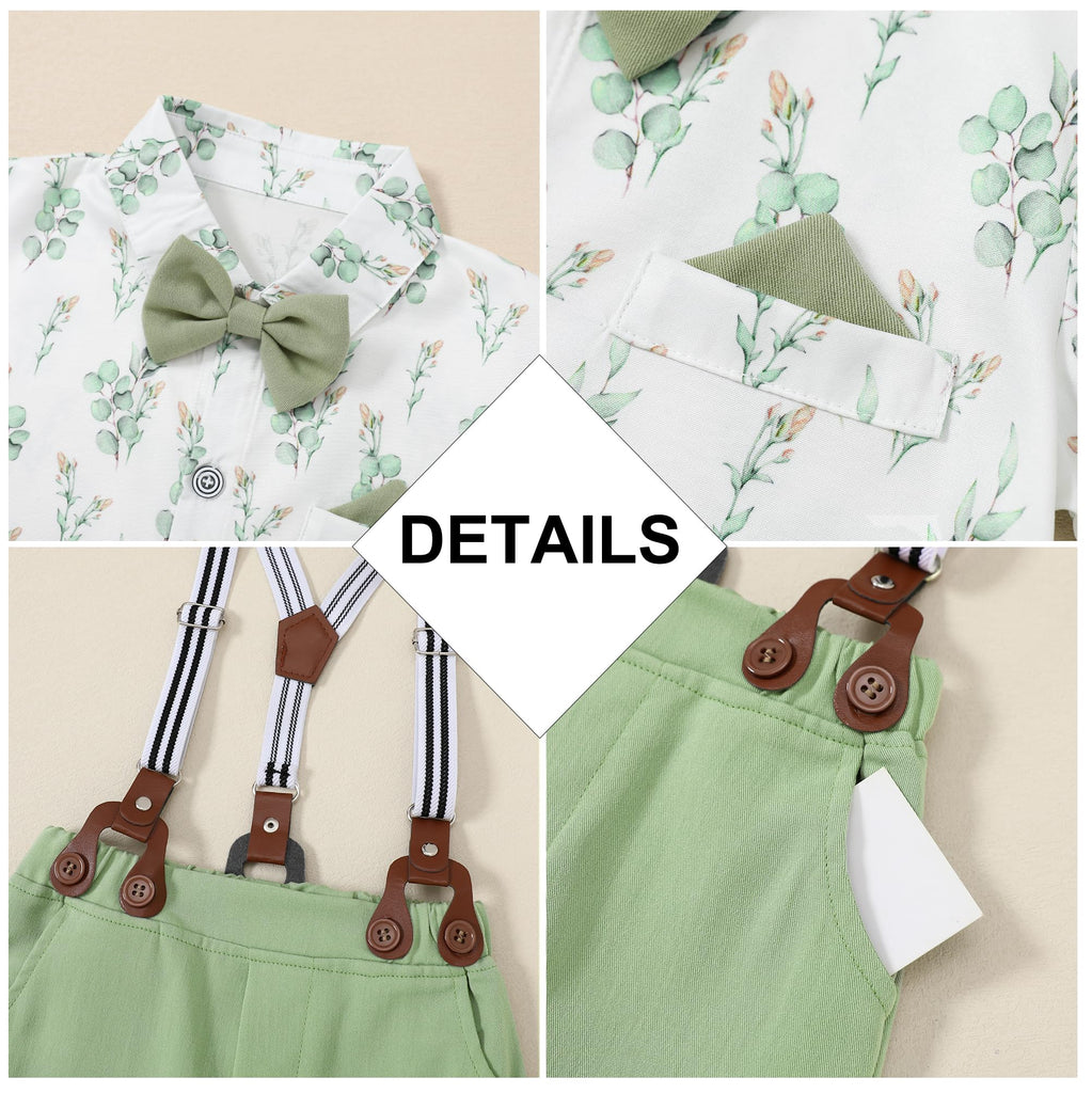 Baby Boy Dress Clothes Set Printed Shirt Aqua Green Suspender Pants Outfits Toddler Boy 12-18