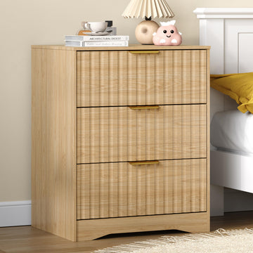 3 Drawer Dresser, Fluted Nightstand with Storage, Natural Wood