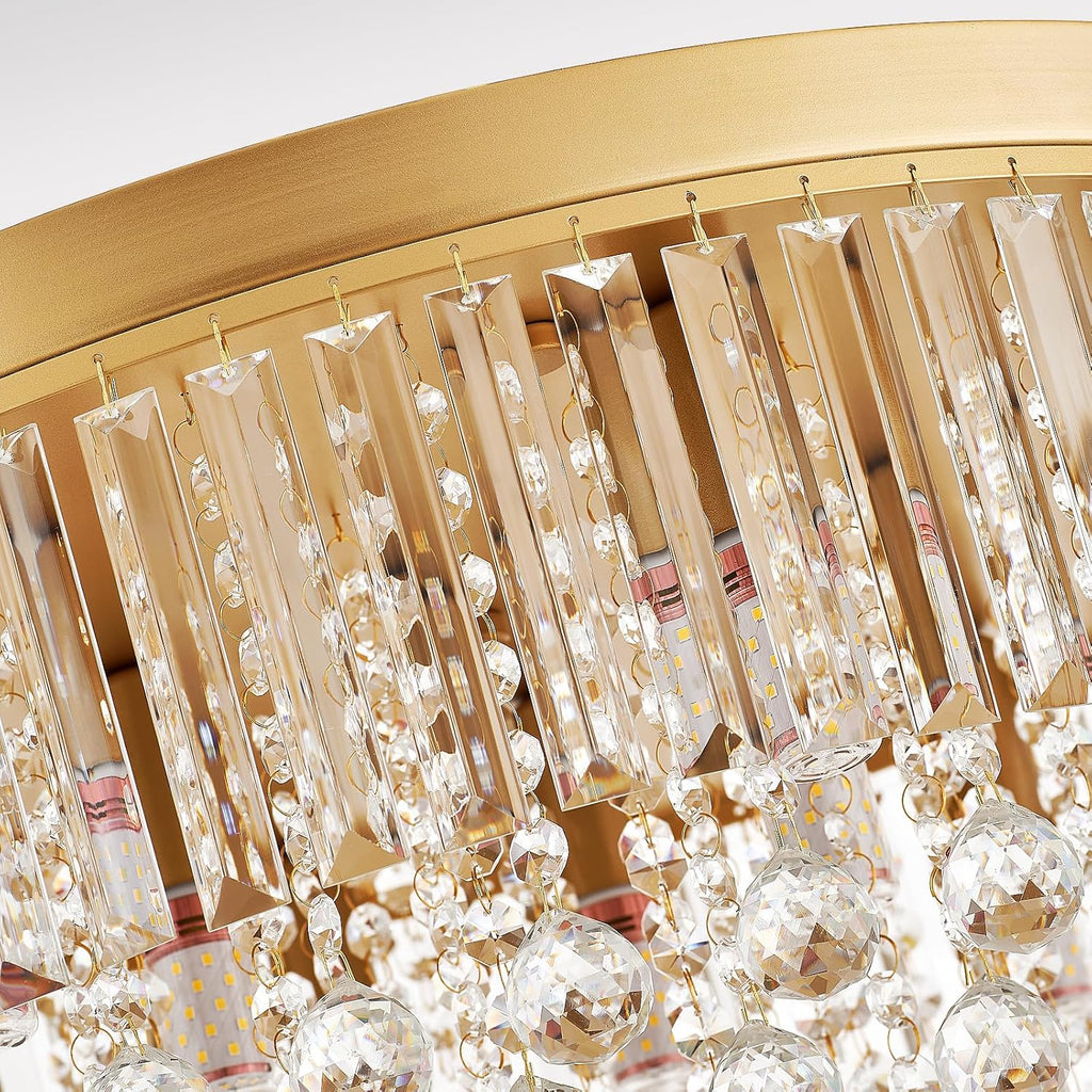 9-Light Gold Crystal Chandelier Contemporary 22'' Modern Semi Flush Mount Crystal Hanging Light Sparkling Decoration