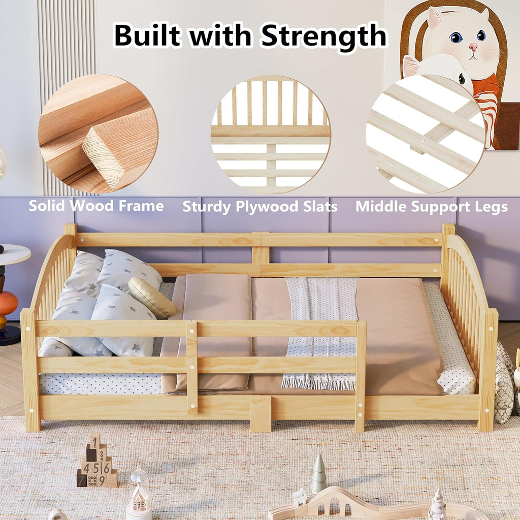 Montessori Floor Bed with Safety Fence, Solid Wood Floor Bed Frame for Boys Girls, Wooden Slats Support, No