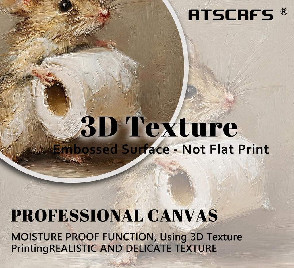 Framed Whimsical Textures Mouse Wall Art Funny Bathroom Wall Decor Cute Animal Painting Picture Neutral Beige Rustic