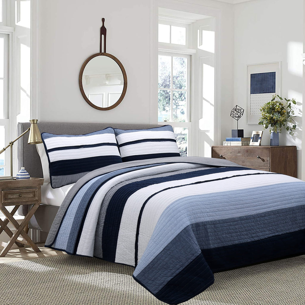 Tranquil Blue Gray Striped 100% Cotton Quilt Bedding Set, Reversible Coverlet, Bedspread (Rendon - 2 Piece)