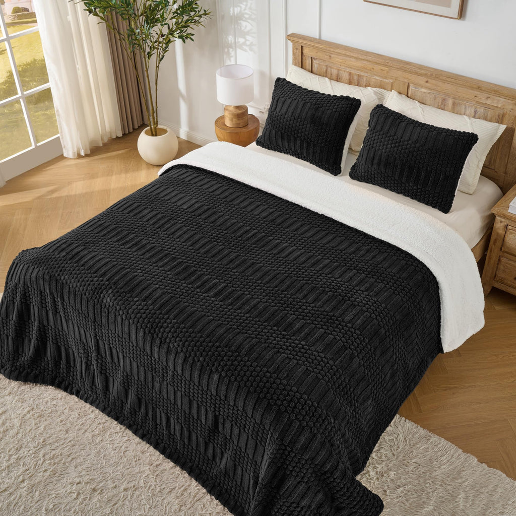 Black Queen Comforter Set, Soft Fleece Plush Bedding Set with 2 Pillow Shams, Cozy Warm Fluffy Bed Set for Winter