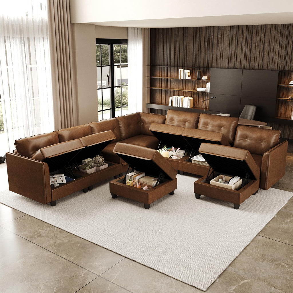 Brown Leather Modular Sofa Sectional Couch with Storage