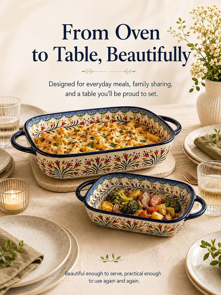 2-Piece Polish Pottery Style Ceramic Dish Set | Large baker for casseroles, baked pasta & roasting; small baker for