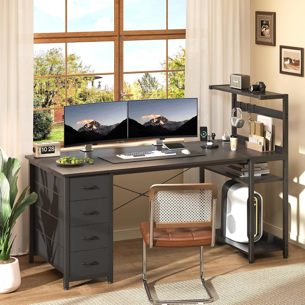 55in Gaming Computer Desk with Drawers & Storage Shelf & Iron Hook, Black | LED Light, Power Outlet, Reversible