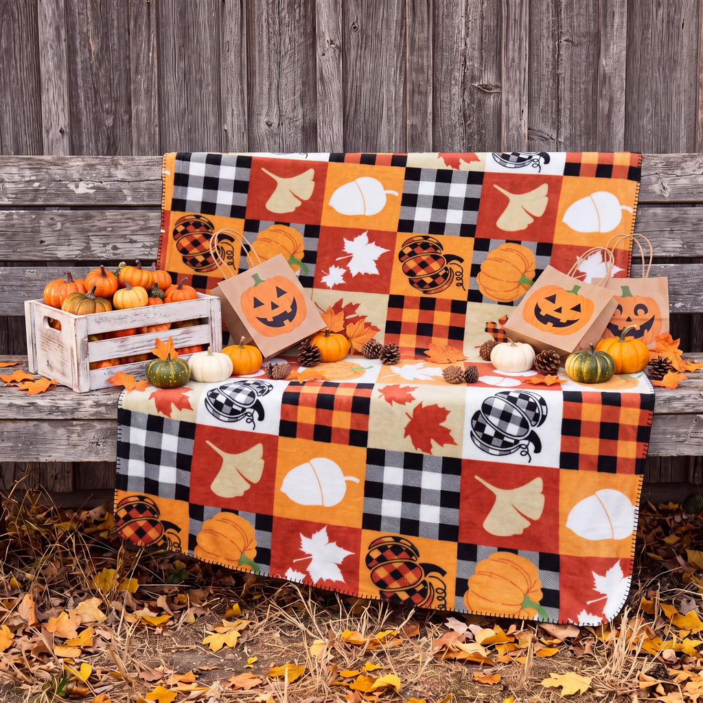 Fall Fleece Blankets, 50 x 60 Inch Pumpkin Plaid Throw Blankets