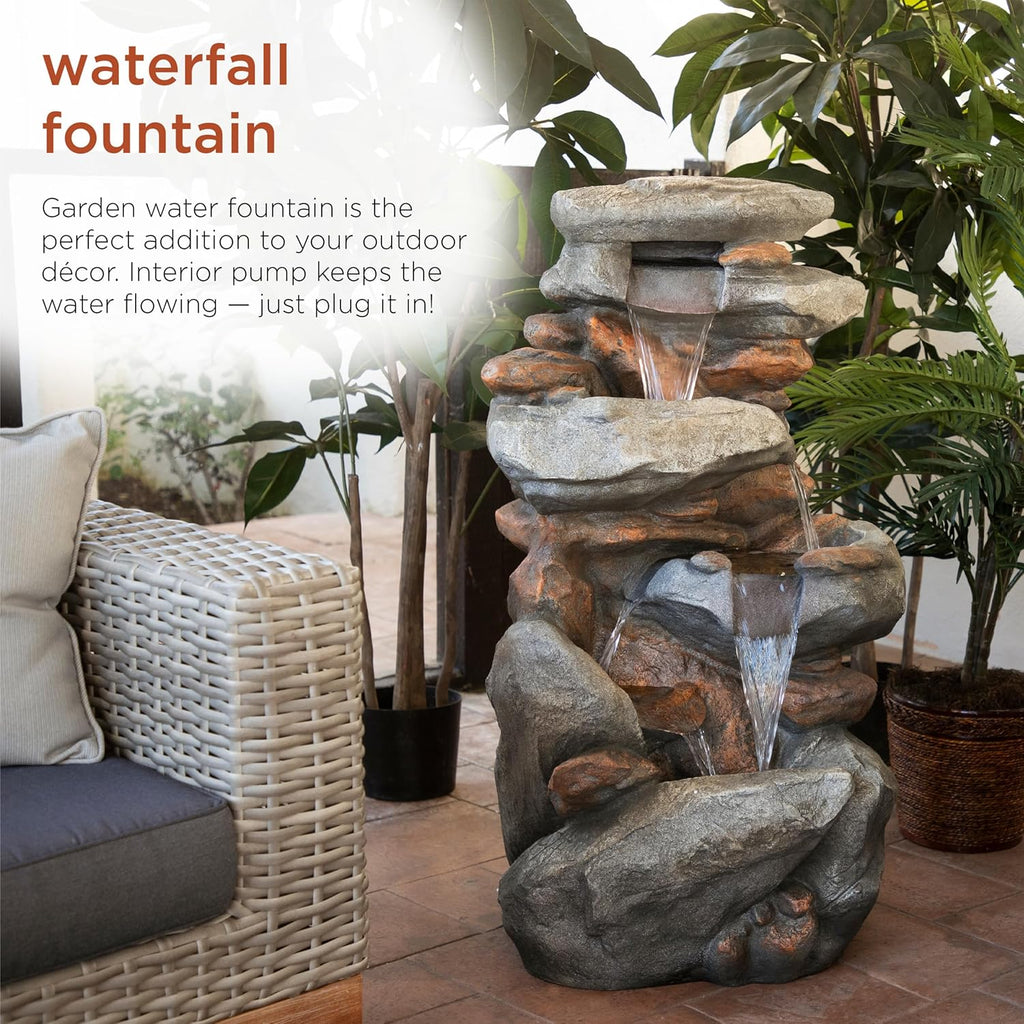 40" 4-Tier Rock Floor Fountain with Cascading Water & White LED Lights, Tranquil Outdoor Water Feature