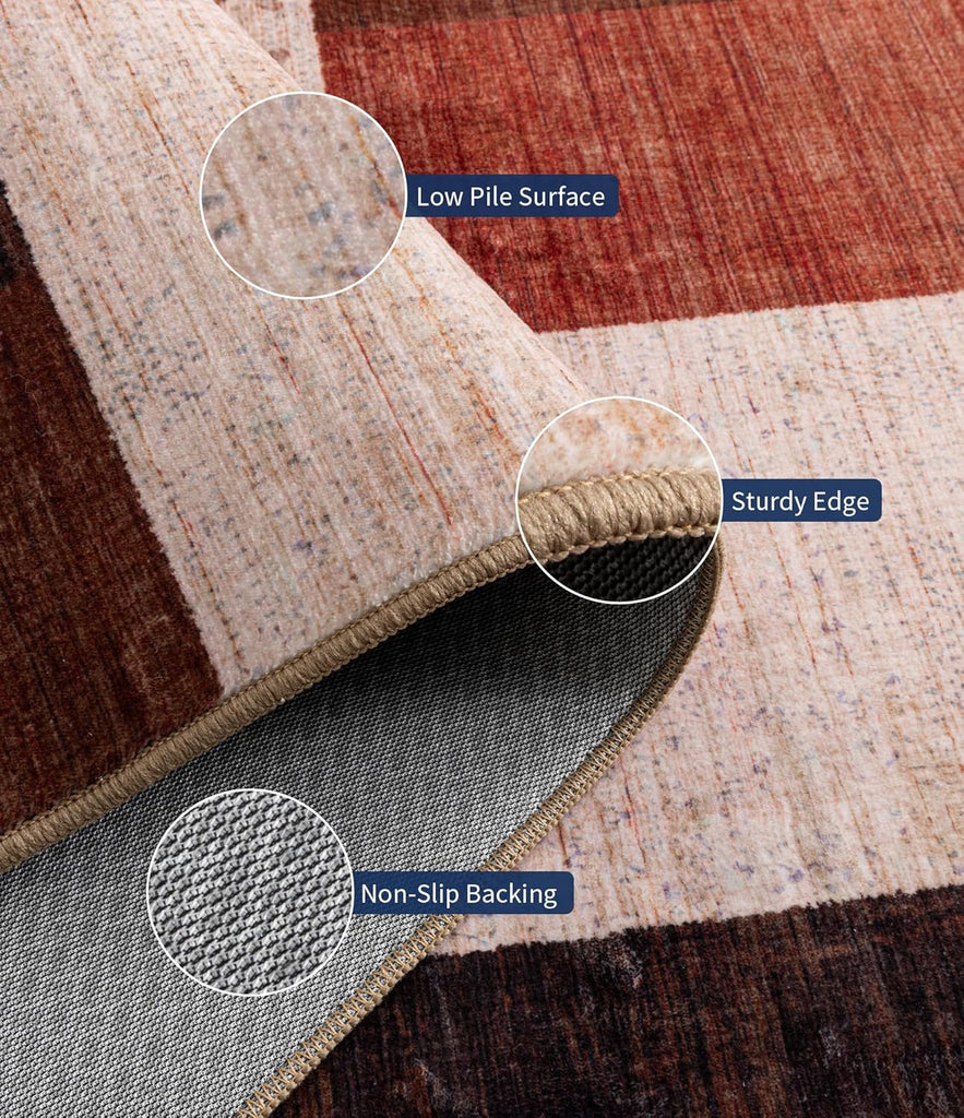 Modern Washable Area Rugs, Brown Geometric Patchwork Rug Non Slip, Large Southwestern Tribal Carpet for