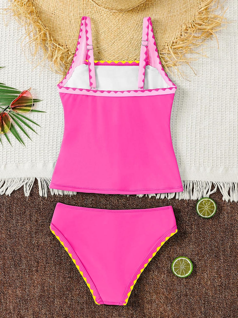 Girls Summer Swimsuit Color Block Padded Adjustable Strap Tankini Ruched Swimwear Set Two Piece Beach Bathing Suit